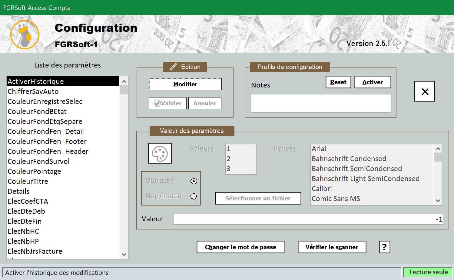 Fenêtre de la configuration du logiciel